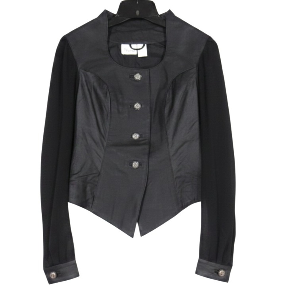 VTG STYLEWORKS Black LEATHER Button-Up CORSET-STYLE Sheer Sleeves BLOUSE/TOP 8